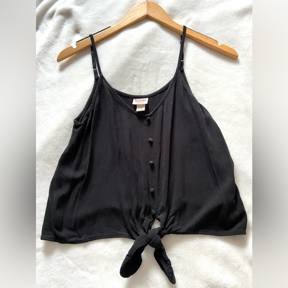 Tie Front Button Tank Top - Black